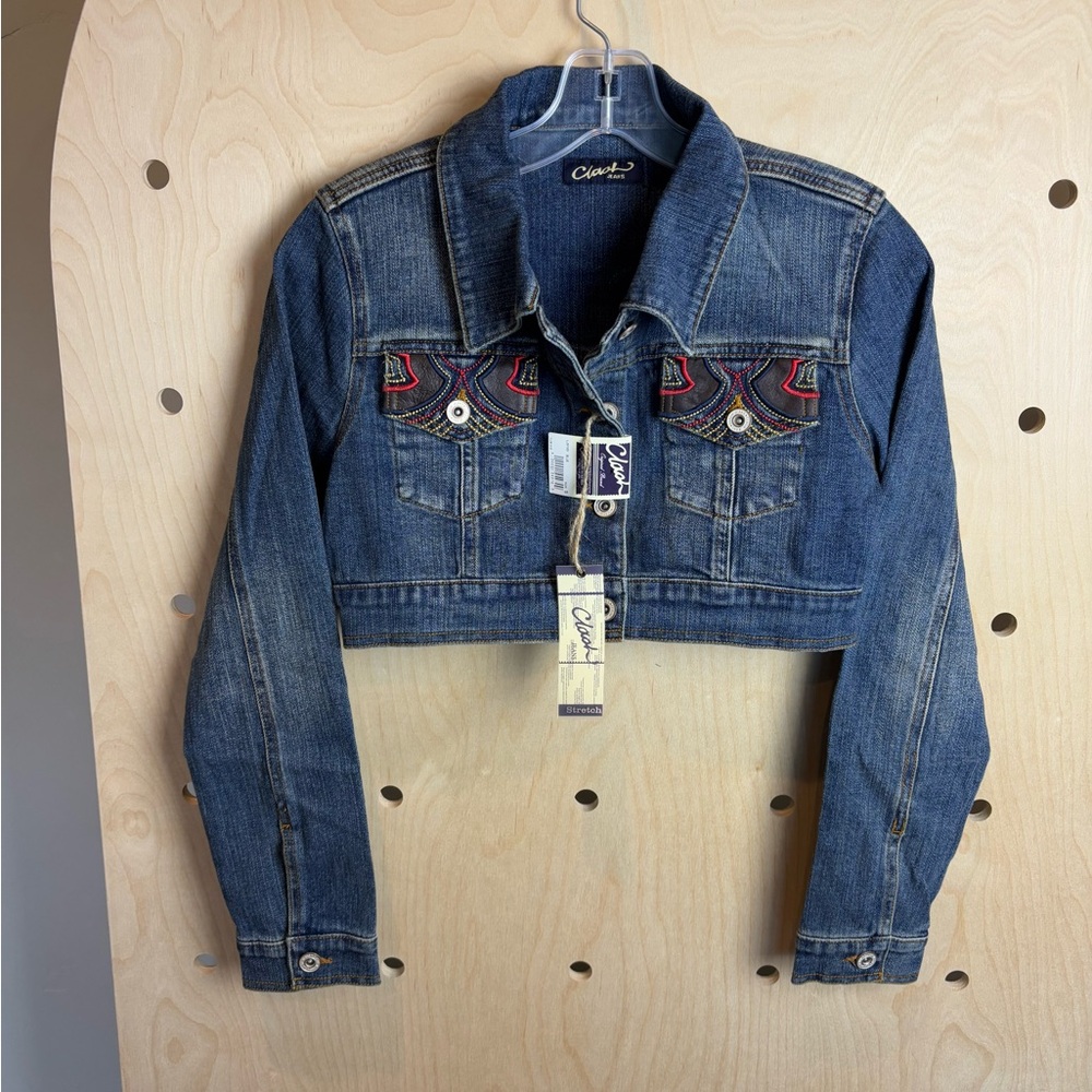 NWT Clash Jeans Boho Embroidered Cropped Denim Jacket Women’s Small